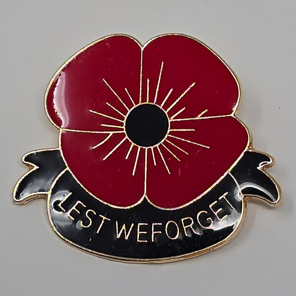 Lest We Forget Red Enamel Poppy Brooch Lapel Pin Gold Tone Floral Remembrance - Picture 3 of 8